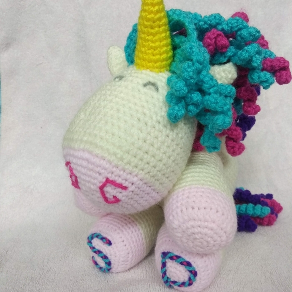 Unicorn plush. Curlicue mane, tail. Customizable initials, colors! Artisan made - Picture 12 of 15